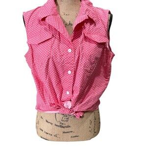 Rafaella Womens Button-Up Top Size 14 Pink & White Polka Dot Tie Waist